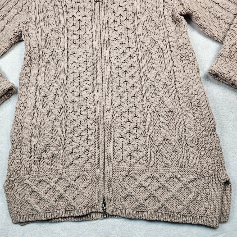 Aran Crafts Irish Wool Cable Knit Full Zip Cardigan Hoodie Womens XS Toupe Long - Picture 8 of 15